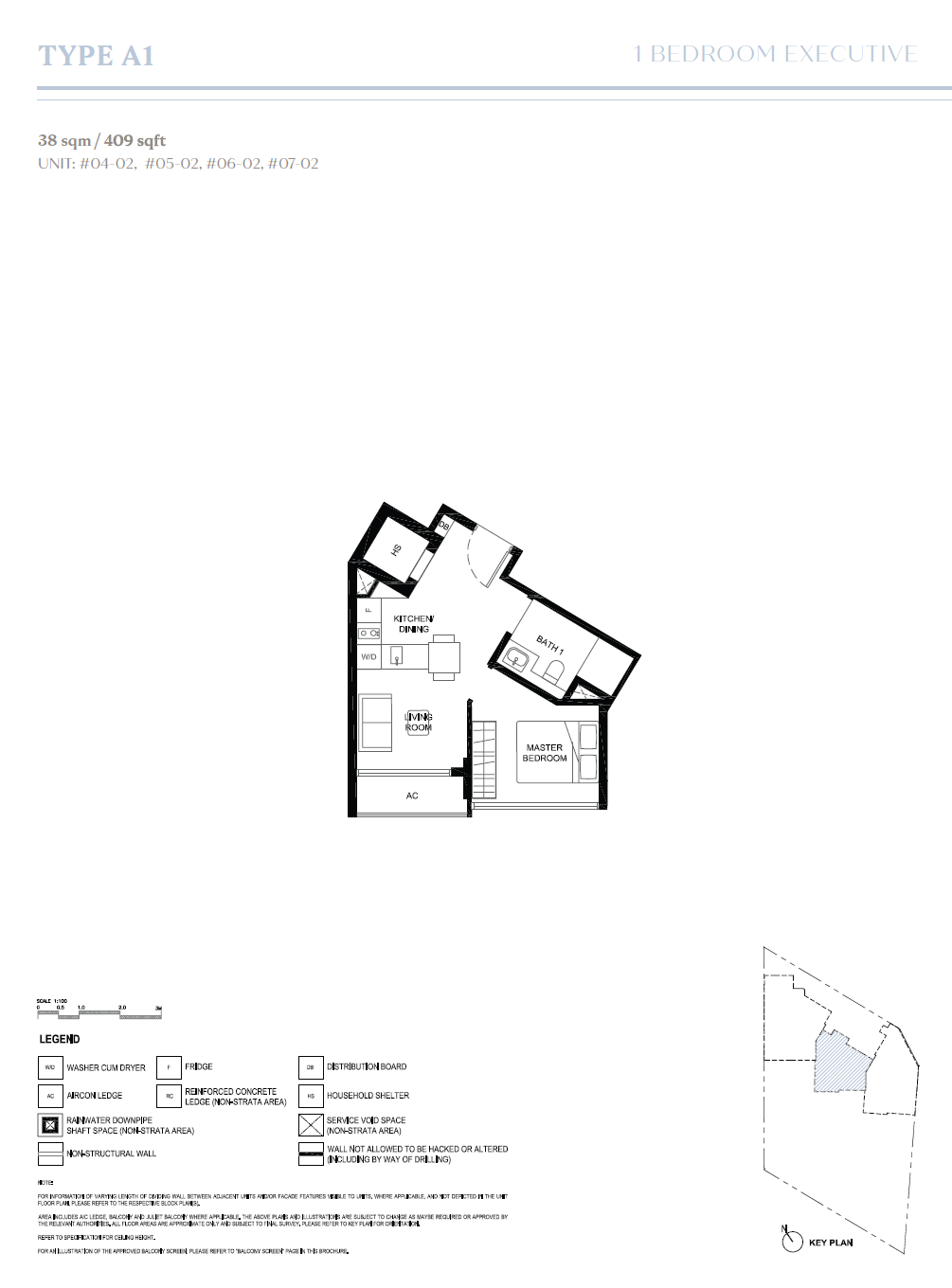 Floor plan, Duet @ Emily. Type A1, 409 sq ft. Unit #05-02 at $1,019,000.