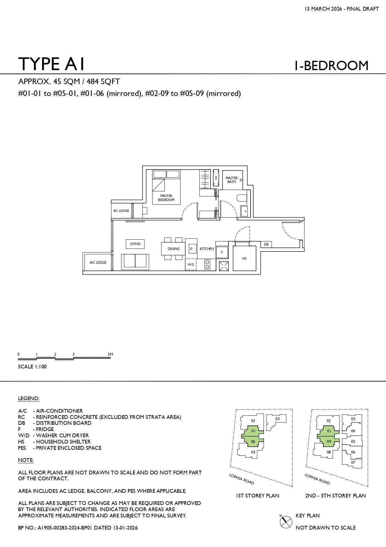 Floor plan, Sophia Meadow. Type A1, 484 sq ft. Unit #01-01 at $1,273,000.