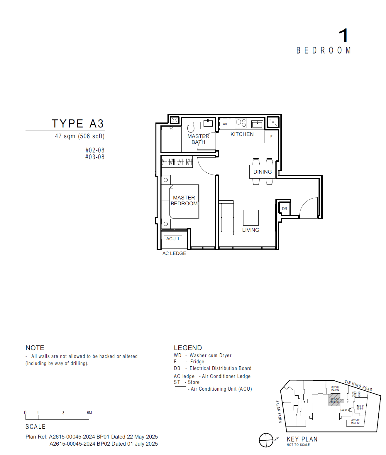 Floor plan, Artisan 8. Type A3, 506 sq ft. Unit #02-08 at $1,275,000.