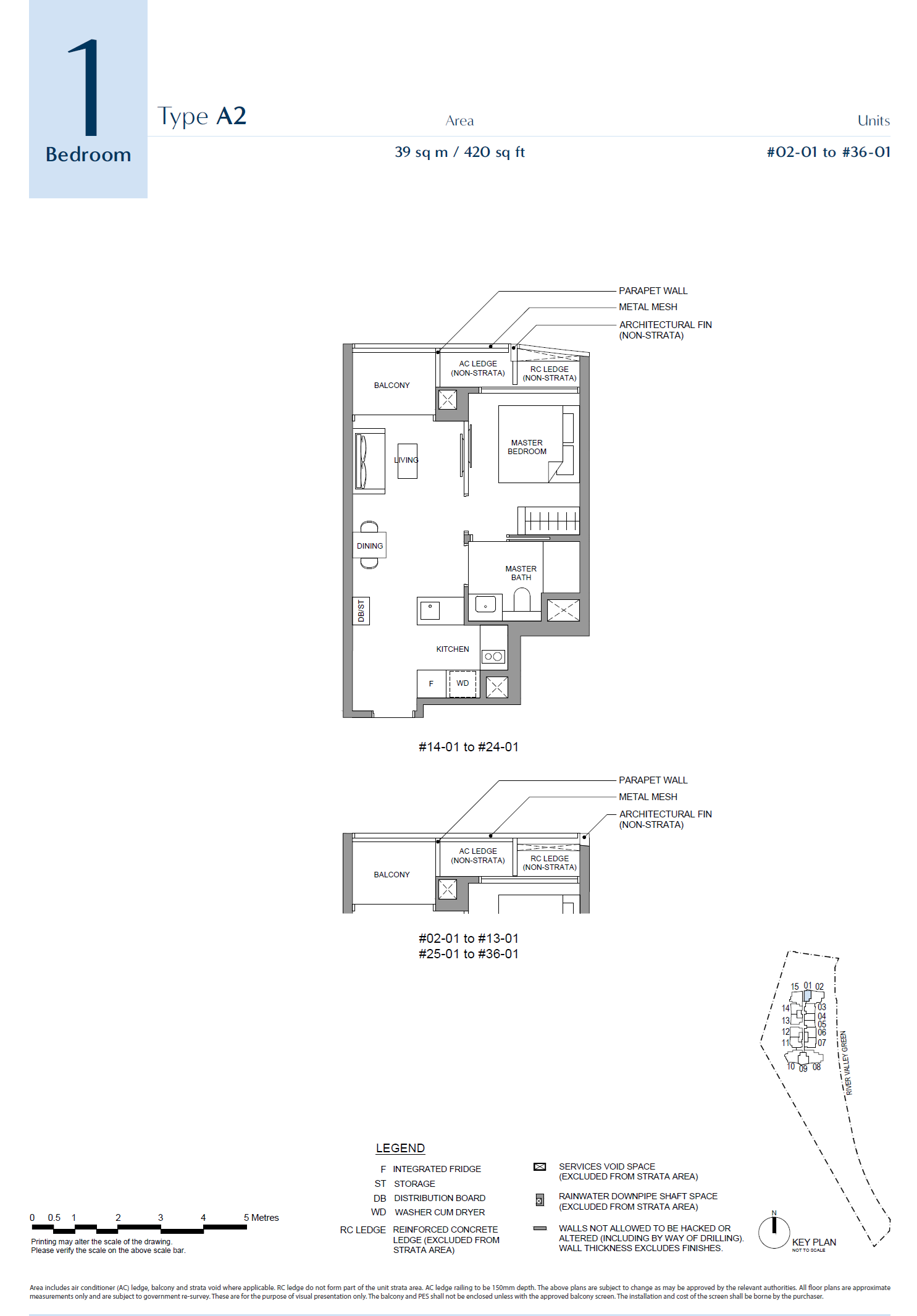 Floor plan, River Green. Type A2, 420 sq ft. Unit #25-01 at $1,395,000.