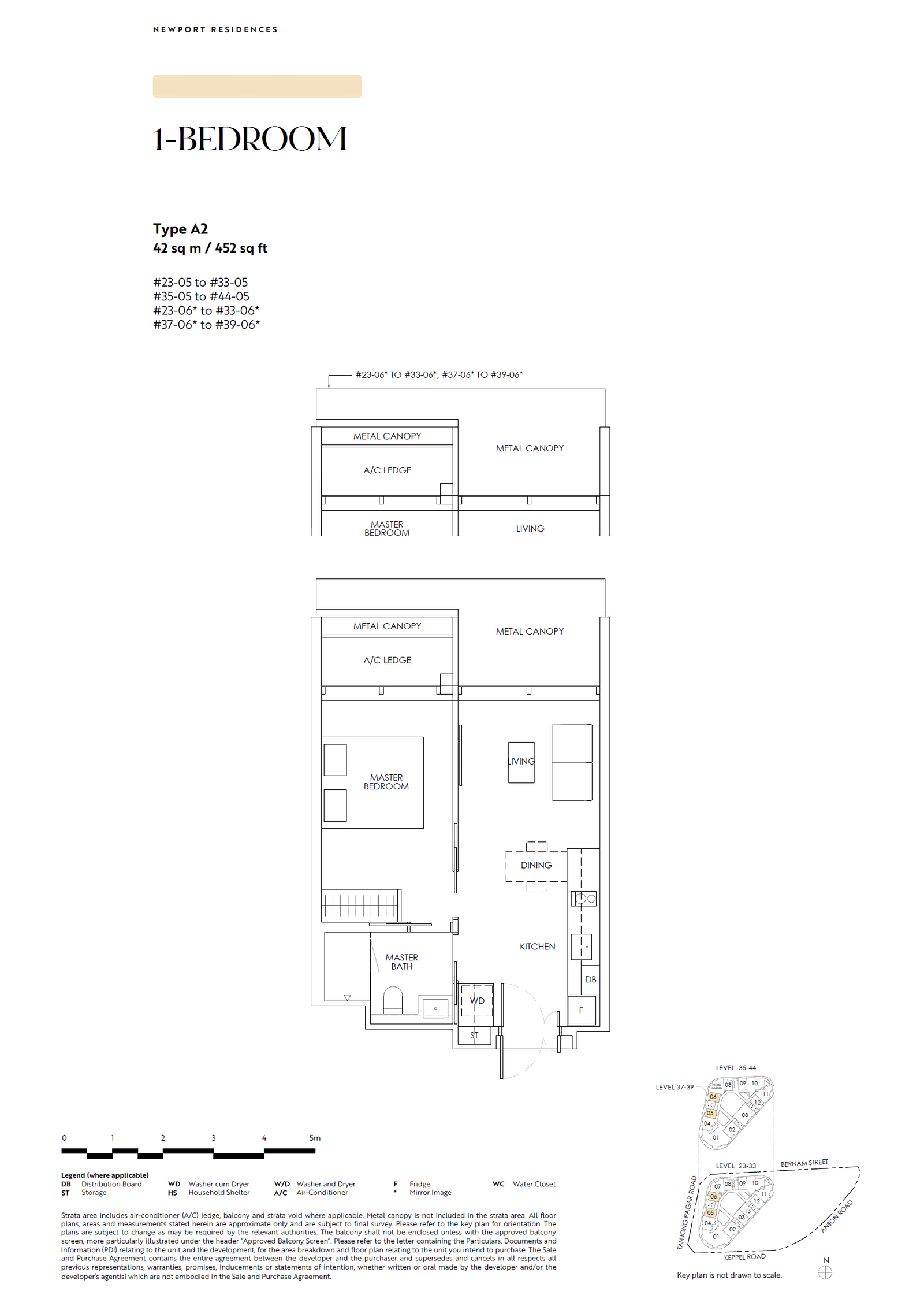 Floor plan, Newport Residences. Type A2, 452 sq ft. Unit #38-05 at $1,447,000.