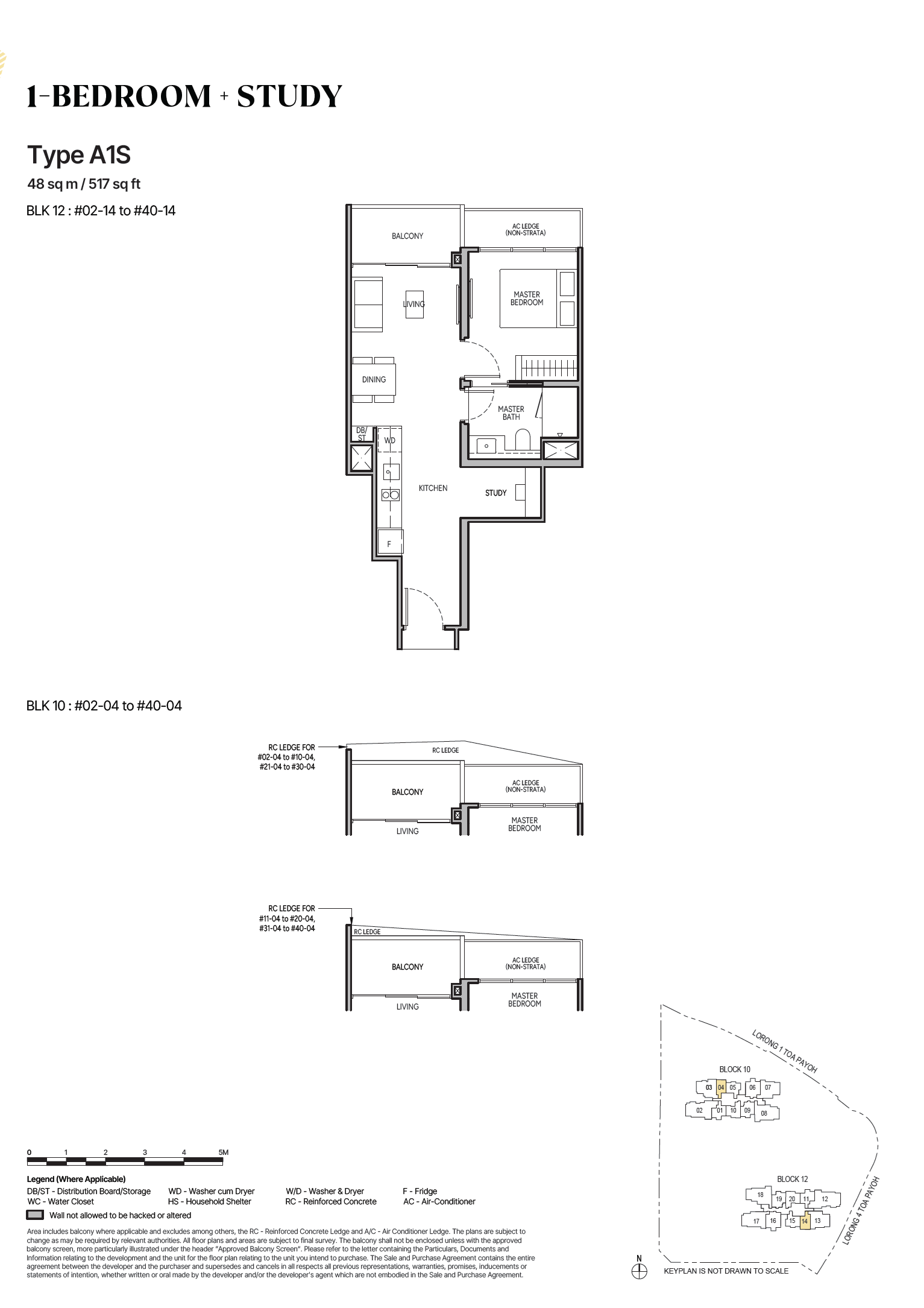 Floor plan, The Orie. Type A1S, 517 sq ft. Unit #21-14 at $1,467,000.