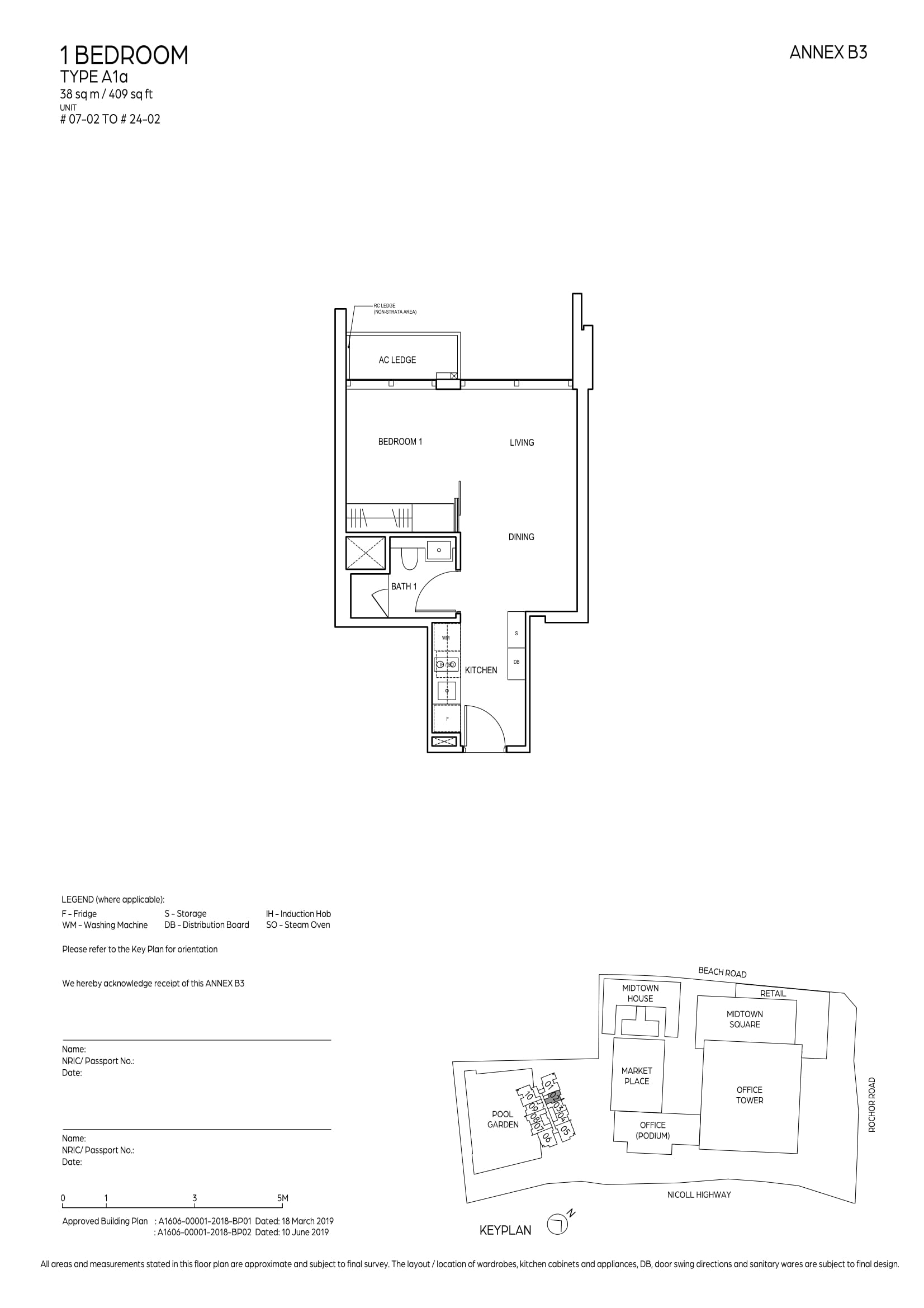 Floor plan, Midtown Bay. Type A1a, 409 sq ft. Unit #19-02 at $1,488,000.