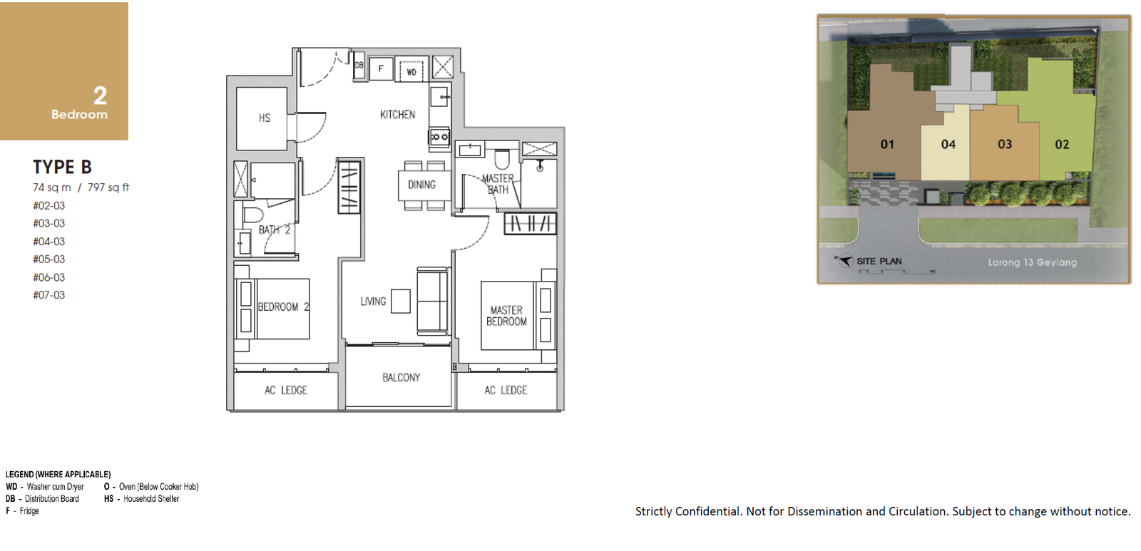 Floor plan, Gems Ville. Type B, 797 sq ft. Unit #04-03 at $1,578,000.