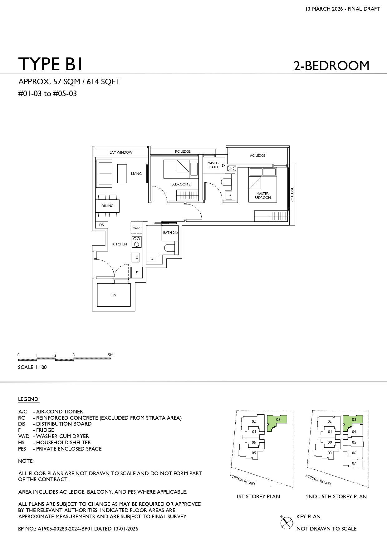 Floor plan, Sophia Meadow. Type B1, 614 sq ft. Unit #01-03 at $1,746,000.