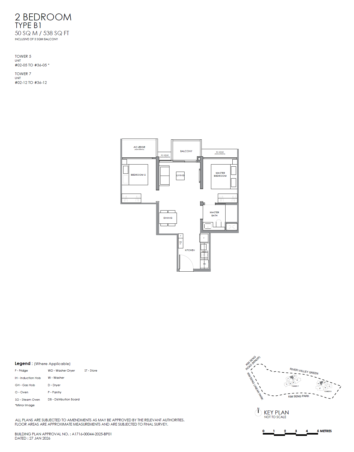 Floor plan, River Modern. Type B1, 538 sq ft. Unit #29-05 at $1,863,000.