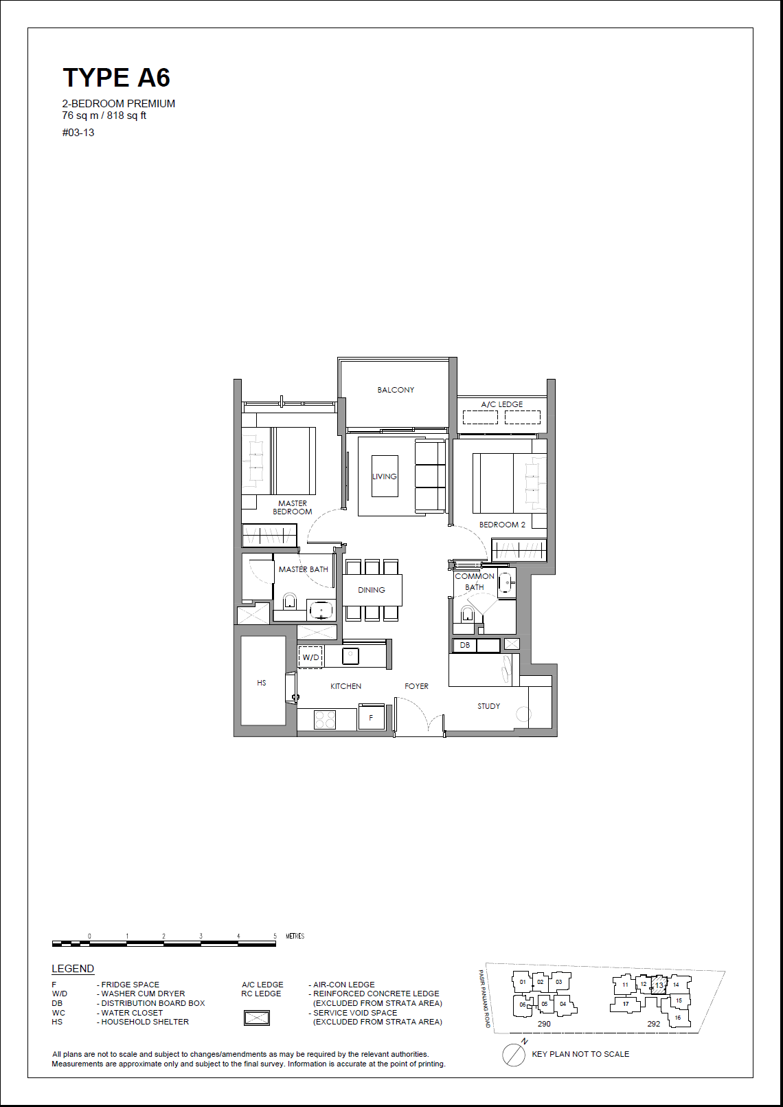 Floor plan, The Hillshore. Type A6, 818 sq ft. Unit #03-13 at $1,868,000.