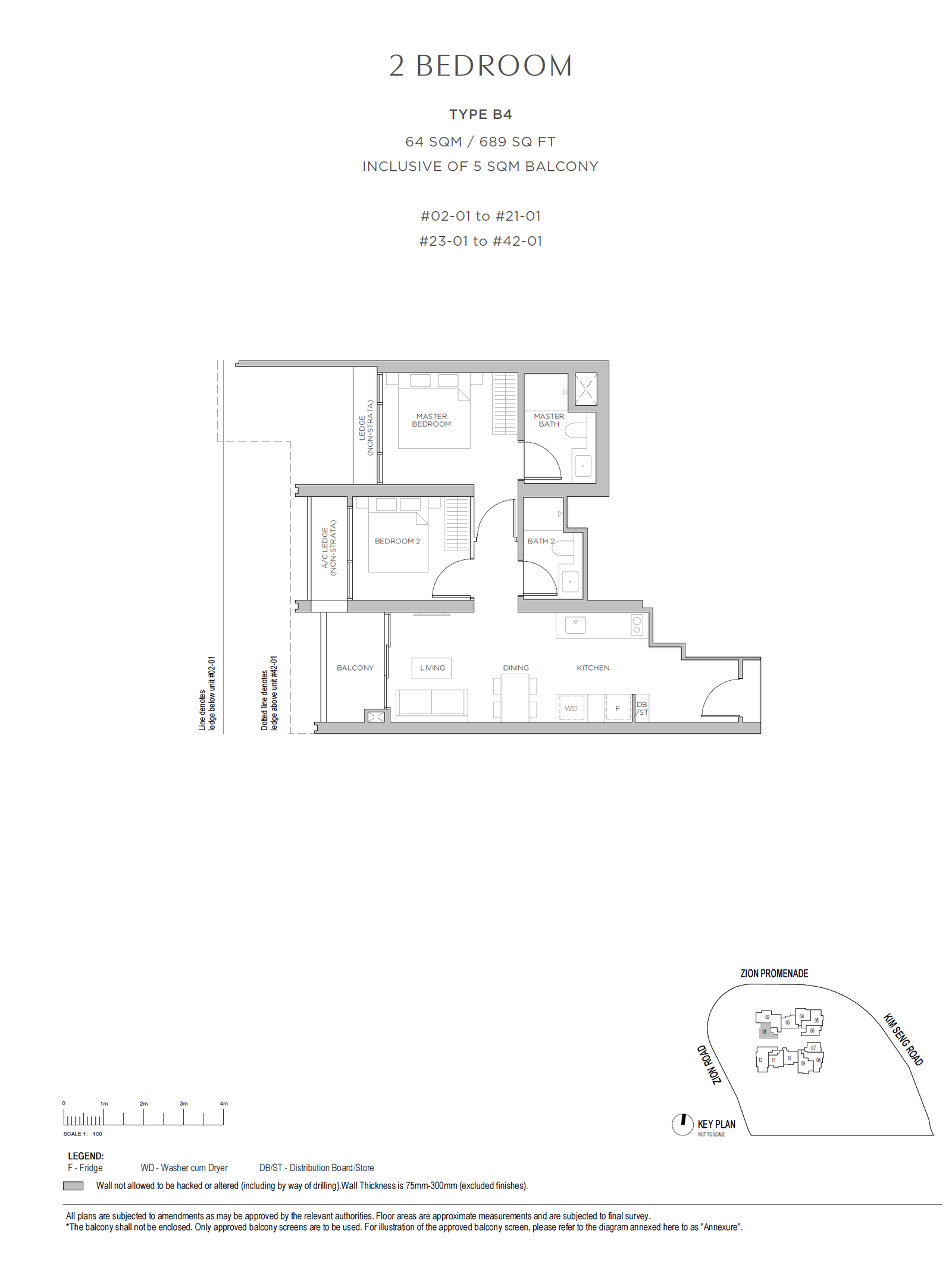 Floor plan, Promenade Peak. Type B4, 689 sq ft. Unit #23-01 at $2,058,100.