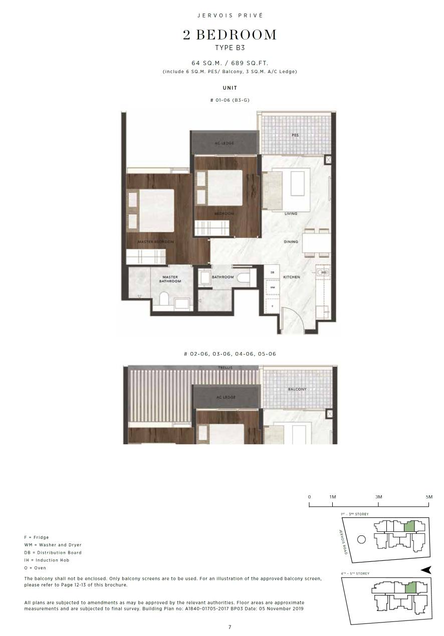 Floor plan, Jervois Privé. Type B3, 689 sq ft. Unit #02-06 at $2,115,000.