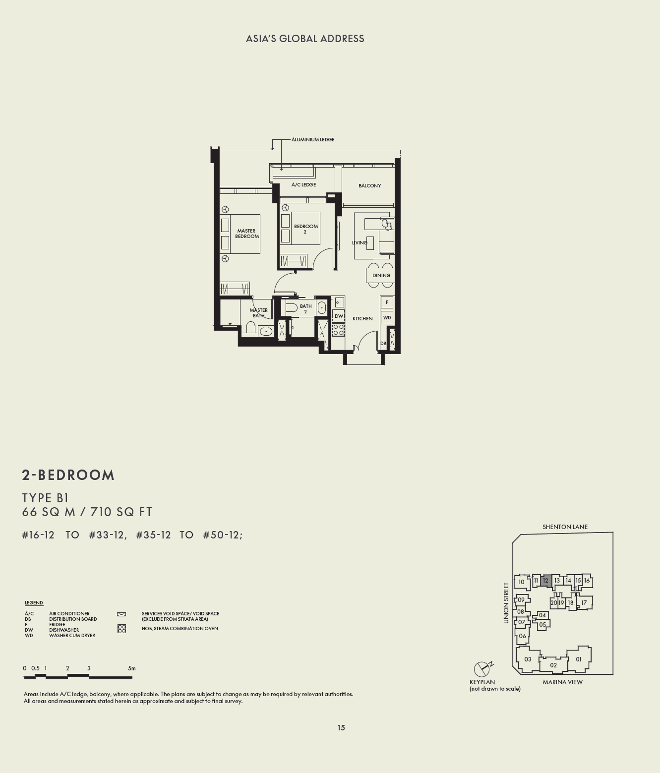 Floor plan, W Residences Marina View. Type B1, 710 sq ft. Unit #18-12 at $2,166,000.
