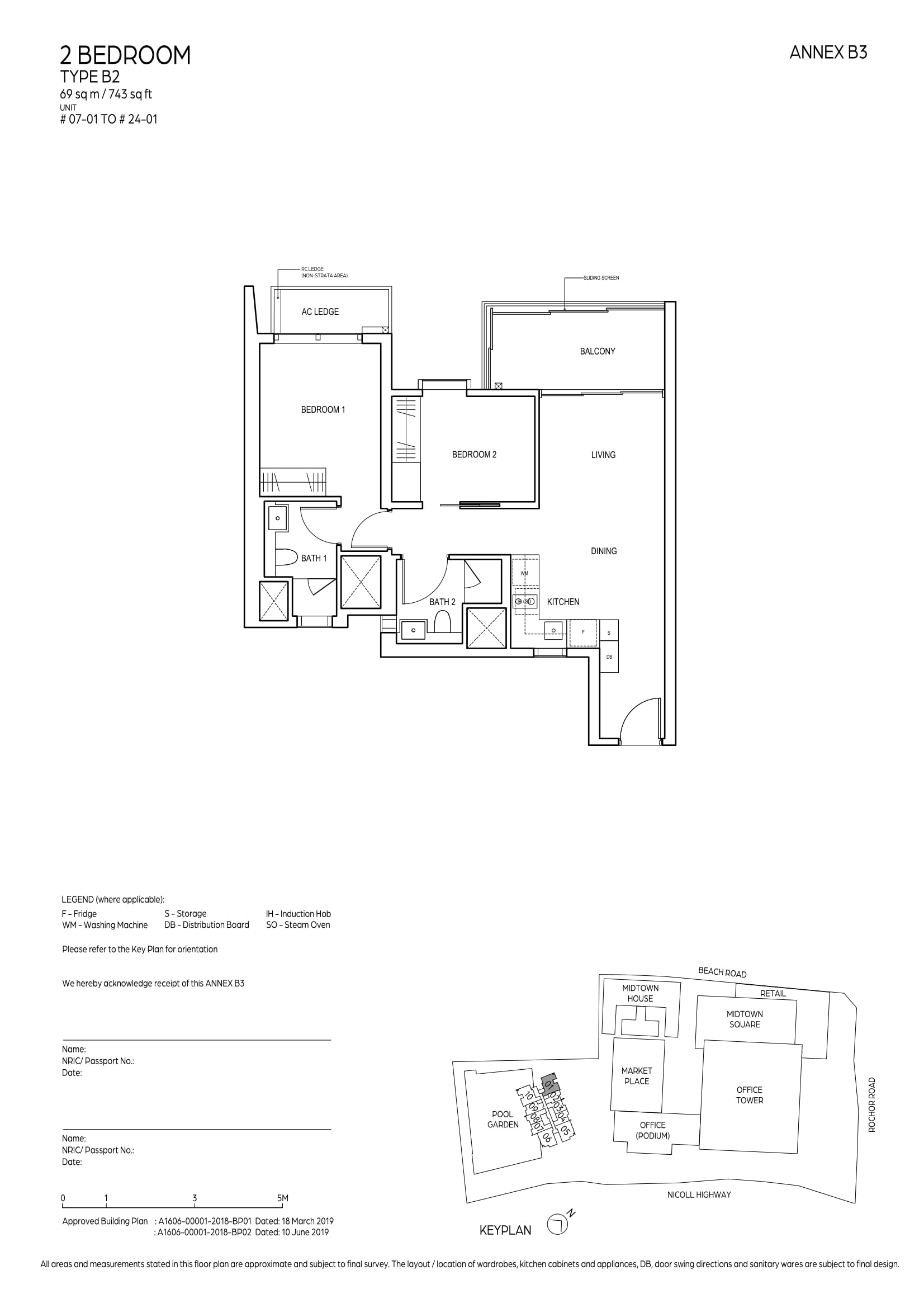 Floor plan, Midtown Bay. Type B2, 743 sq ft. Unit #22-01 at $2,468,000.