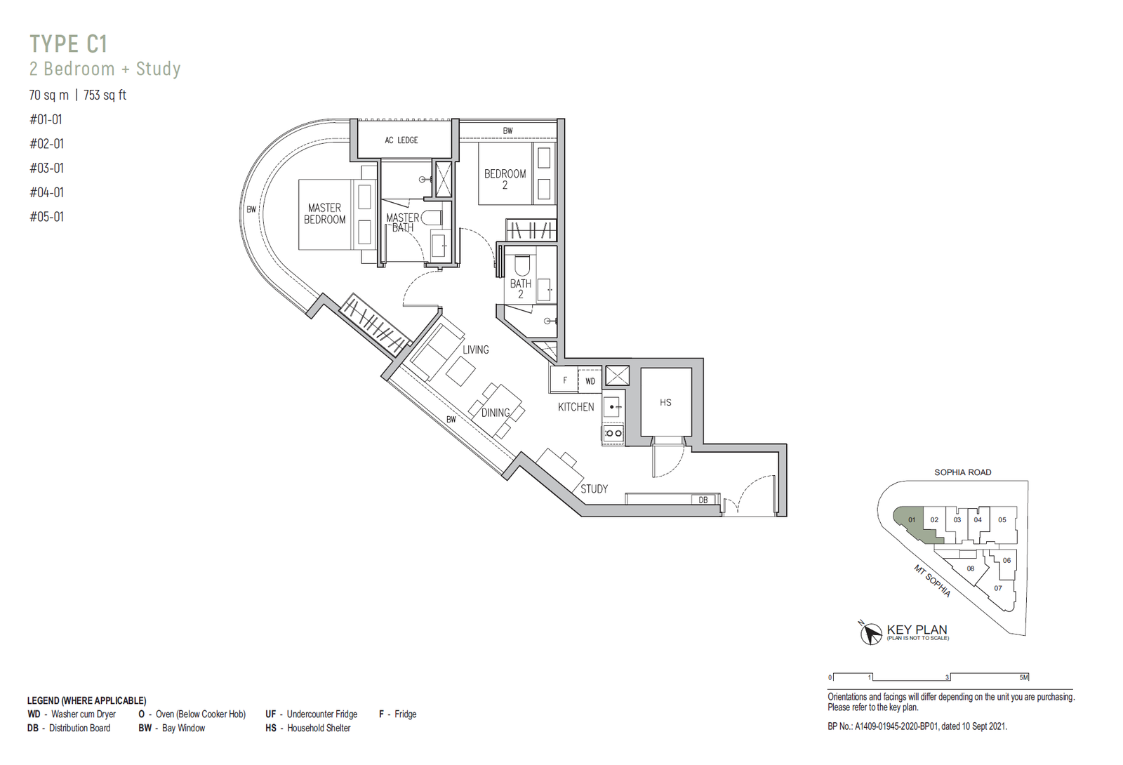 Floor plan, Sophia Regency. Type C1, 753 sq ft. Unit #01-01 at $2,499,000.