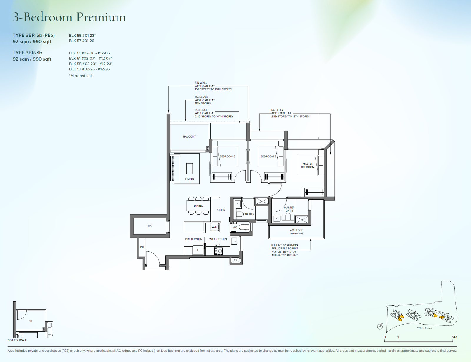 Floor plan, Canberra Crescent Residences. Type 3BR-Sb, 990 sq ft. Unit #02-07 at $1,985,963.