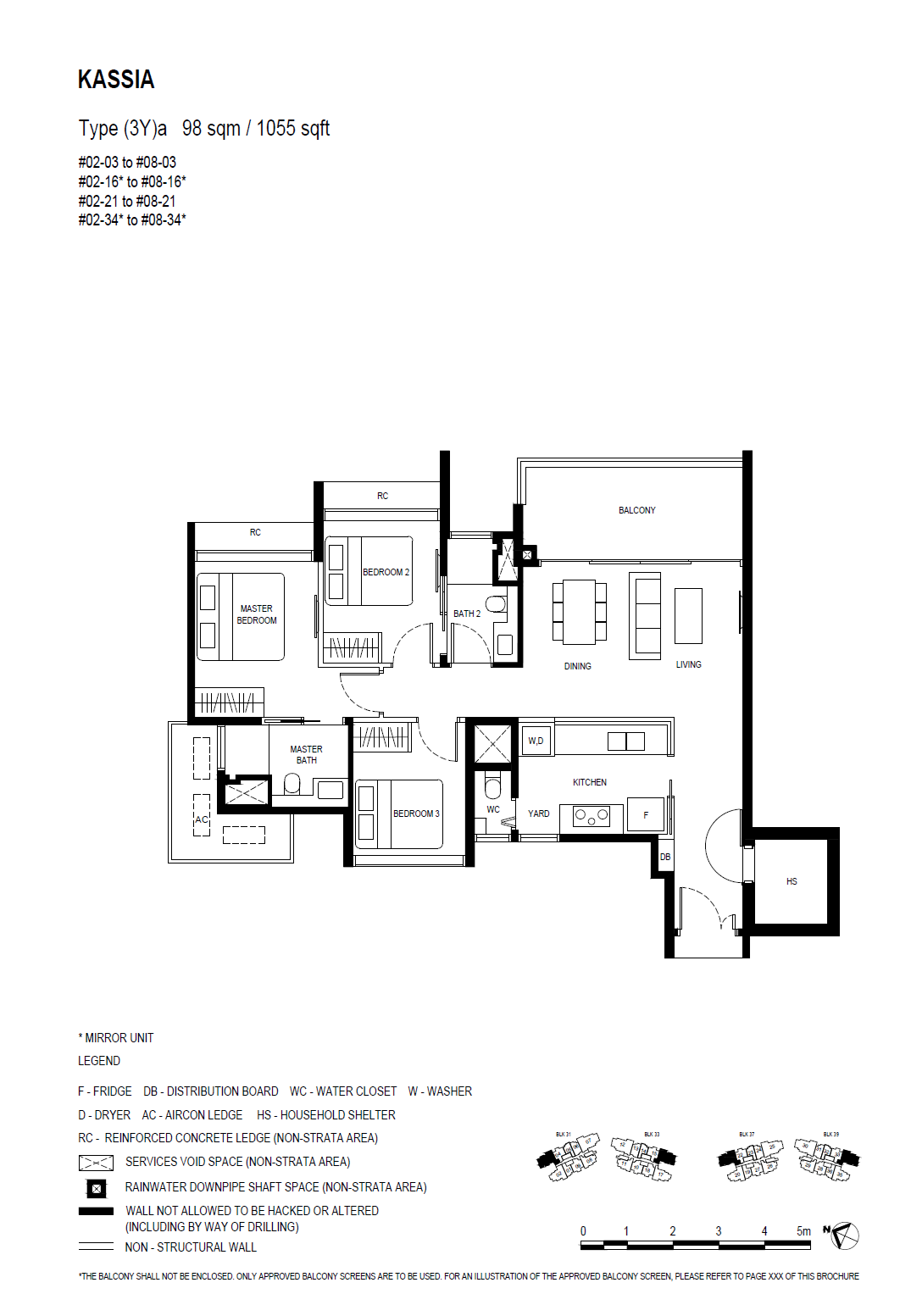 Floor plan, Kassia. Type (3Y)a, 98 sqm / 1,055 sq ft. Unit #02-34 at $2,145,000.