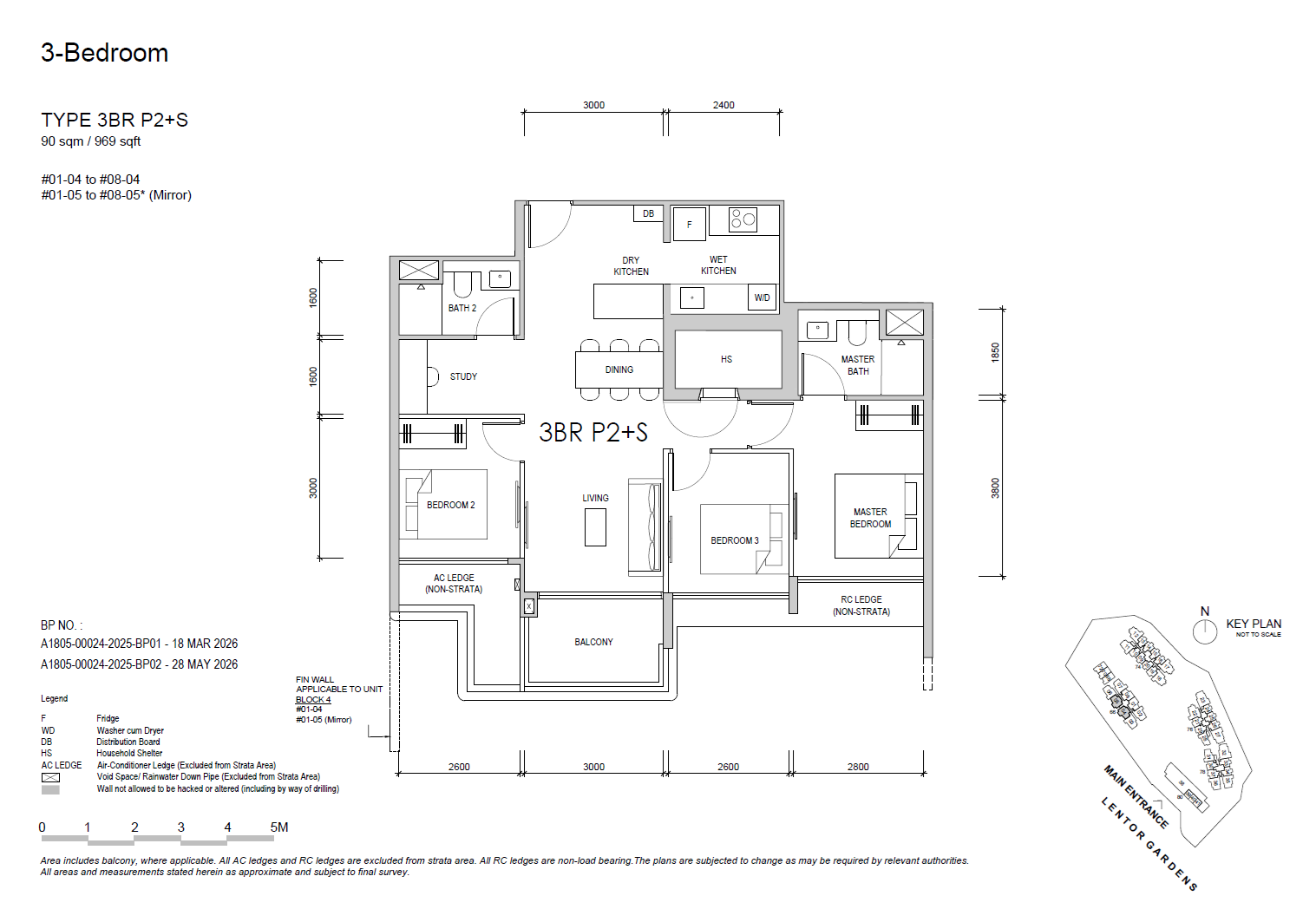 Floor plan, Lentor Gardens Residences. Type 3BR P2+S, 90 sqm / 969 sq ft. Unit #01-04 at $2,221,400.