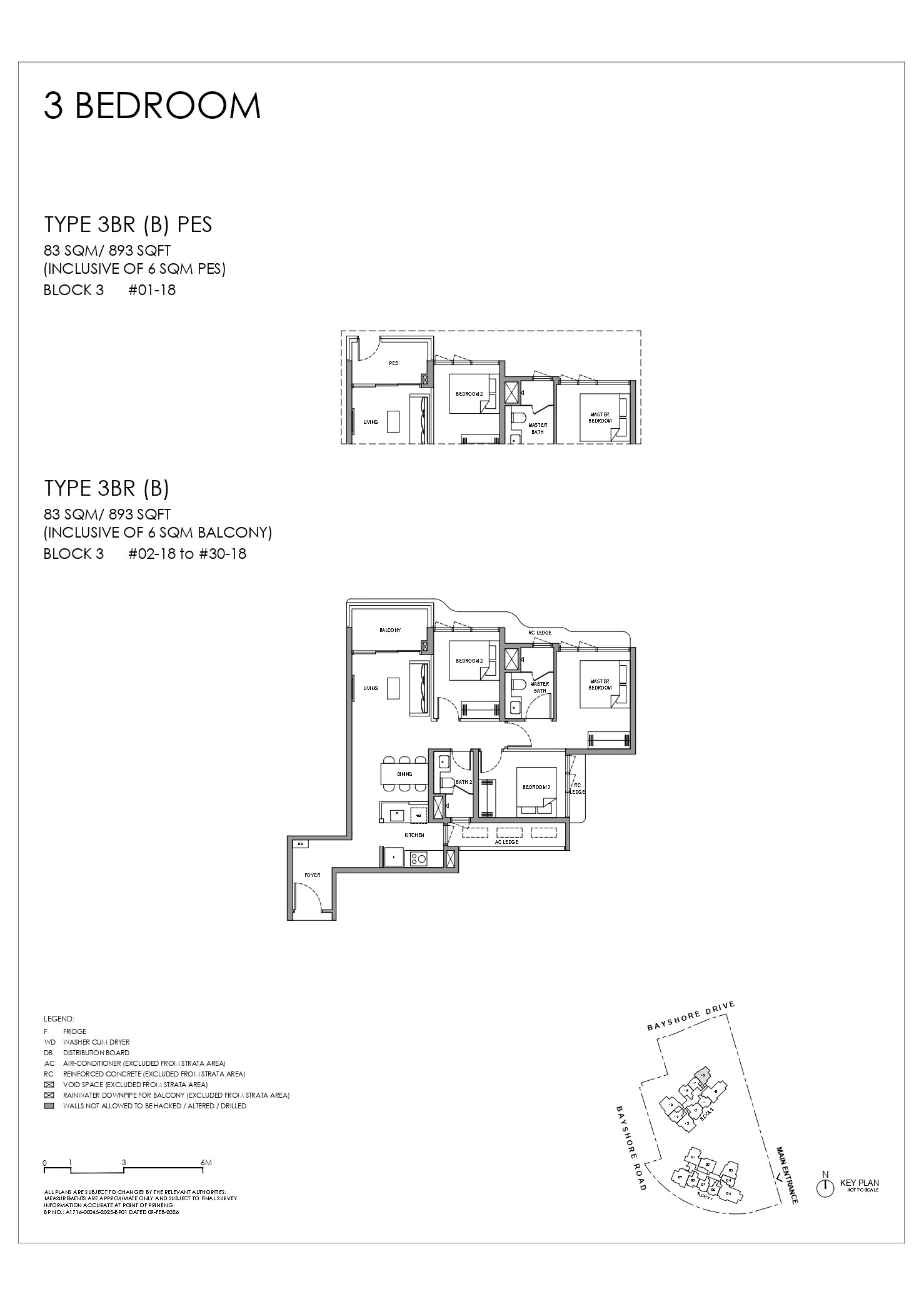 Floor plan, Vela Bay. Type 3BR (B) PES, 83 sqm including a 6 sqm private enclosed space. Unit #01-18 at $2,314,000.