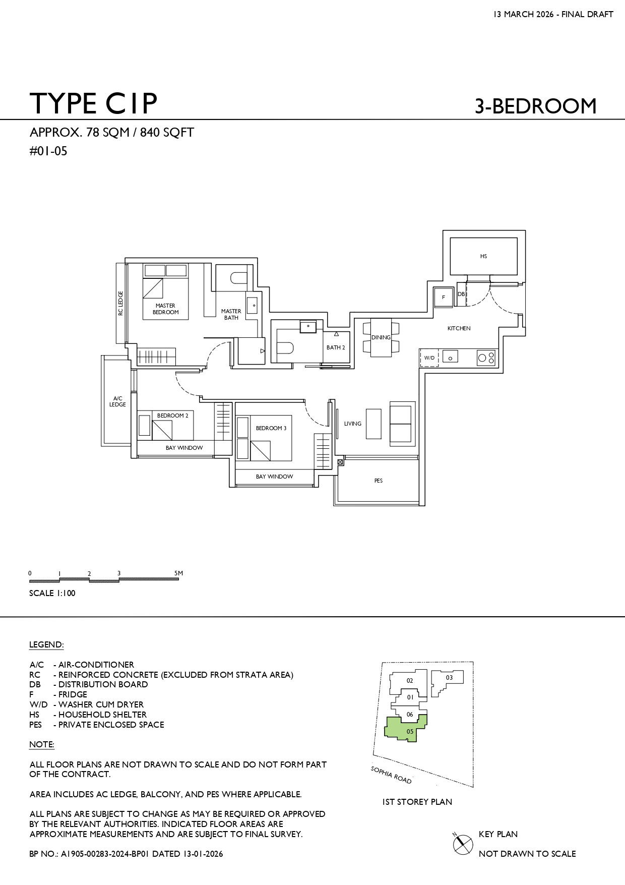 Floor plan, Sophia Meadow. Type C1P, 78 sqm / 840 sq ft. Unit #01-05 at $2,450,000.