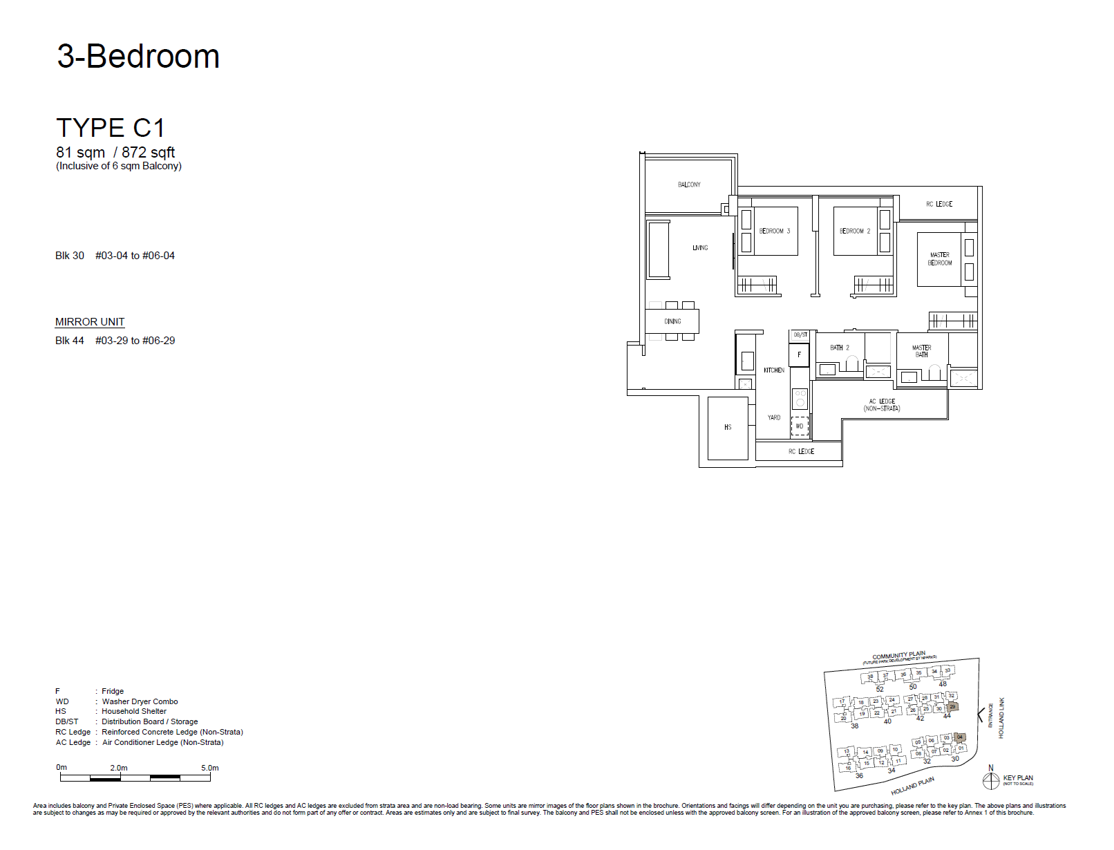 Floor plan, Amberwood At Holland. Type C1, 81 sqm / 872 sq ft, including a 5 sqm balcony. Units #03-04, #04-04 and #03-29 at $2,542,000.