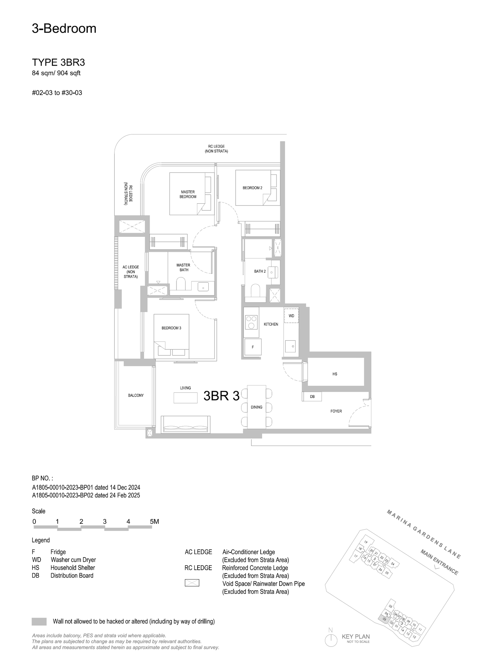 Floor plan, One Marina Gardens. Type 3BR3, 84 sqm / 904 sq ft. Unit #02-03 at $2,559,300.