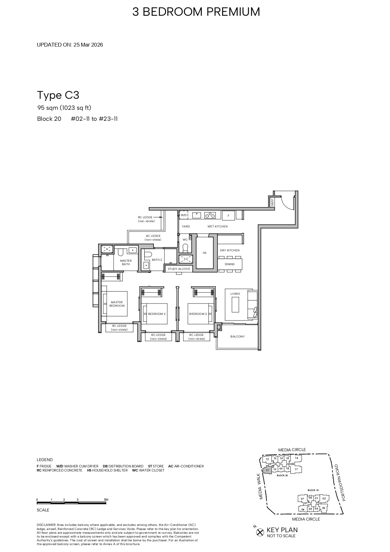 Floor plan, Hudson Place Residences. Type C3, 95 sqm / 1,023 sq ft. Unit #13-11 at $2,586,000.