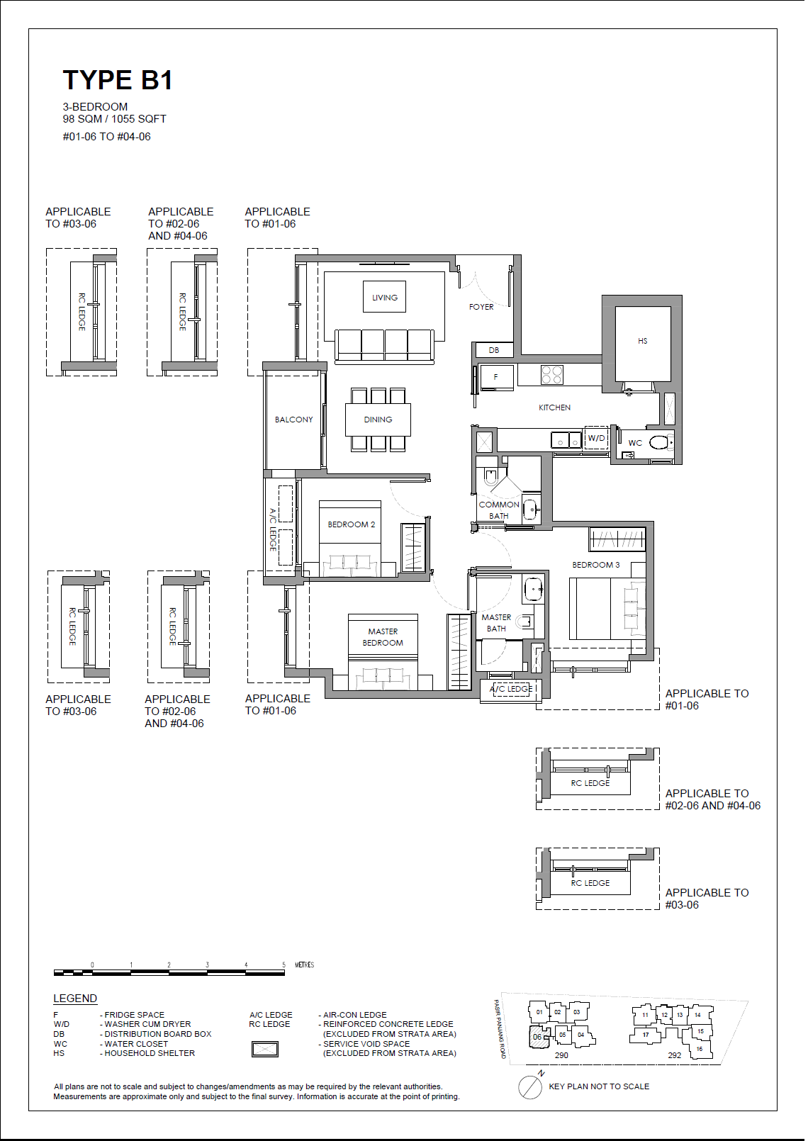 Floor plan, The Hillshore. Type B1, 98 sqm / 1,055 sq ft. Unit #01-06 at $2,588,000.