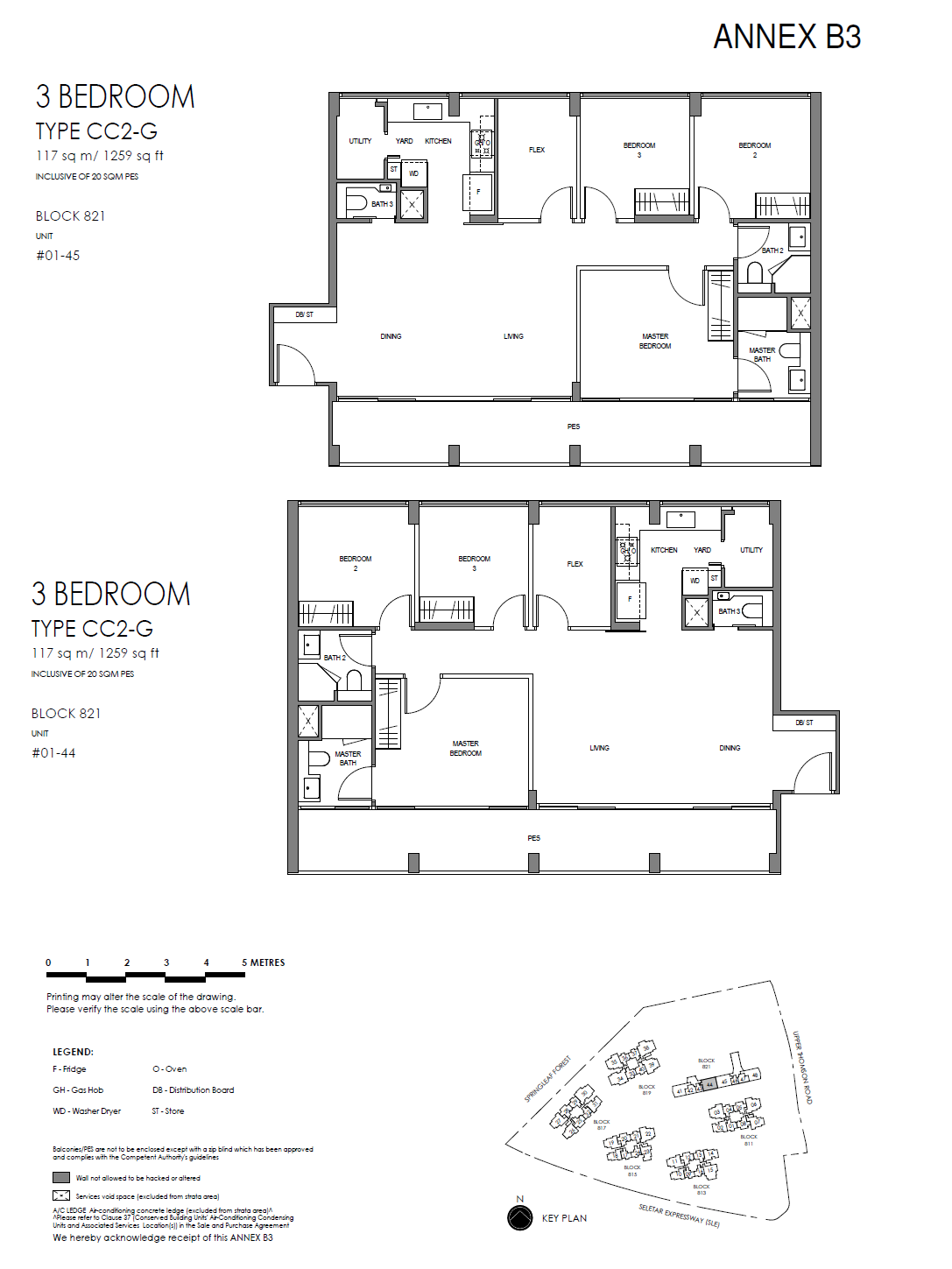 Floor plan, Springleaf Residence. Type CC2-G, 117 sqm / 1,259 sq ft, including a 20 sqm private enclosed space. Units #01-44 and #01-45 at $2,732,000.