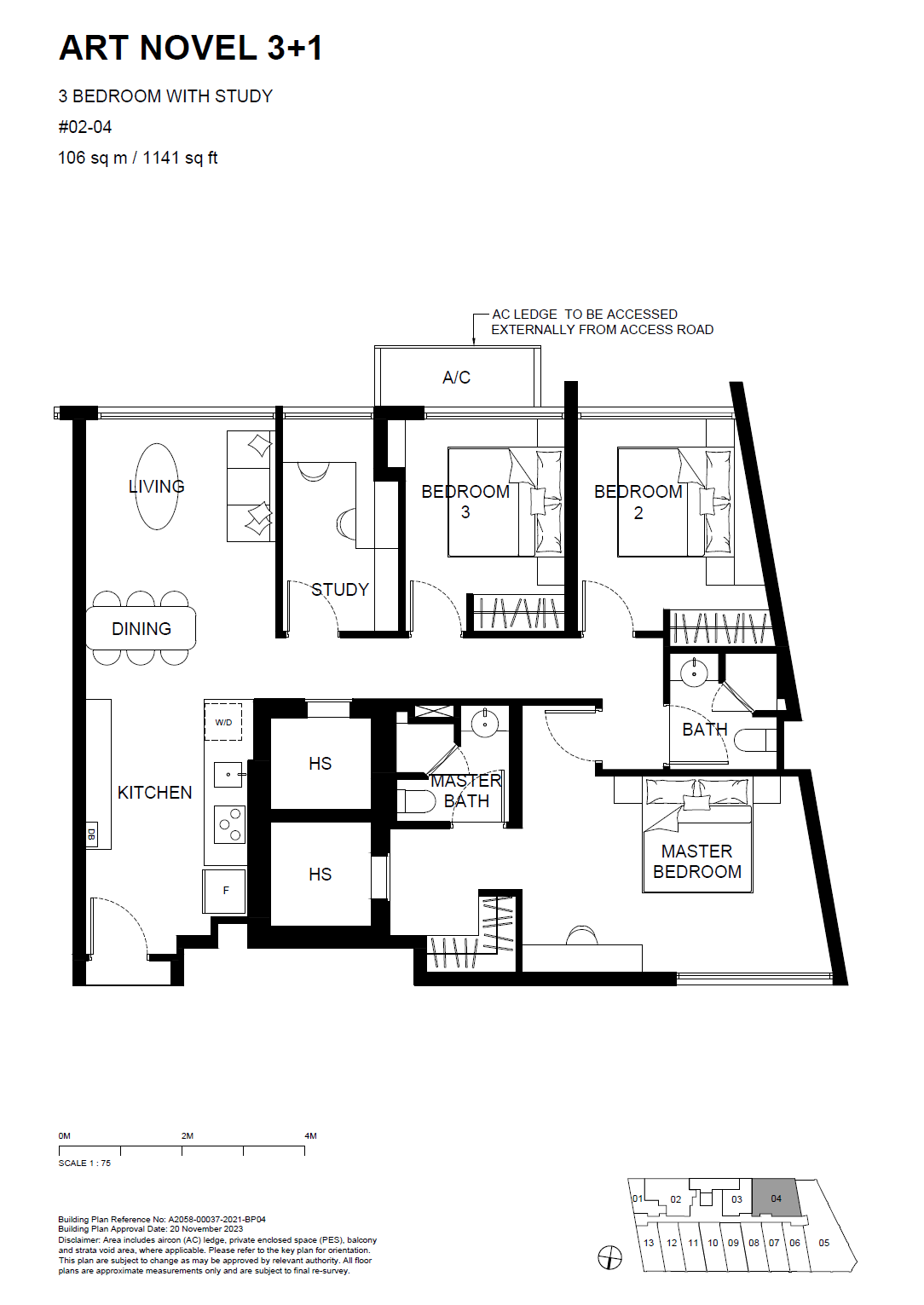Floor plan, Atlassia. Type ART NOVEL 3+1, 106 sqm / 1,141 sq ft. Unit #02-04 at $2,804,578.