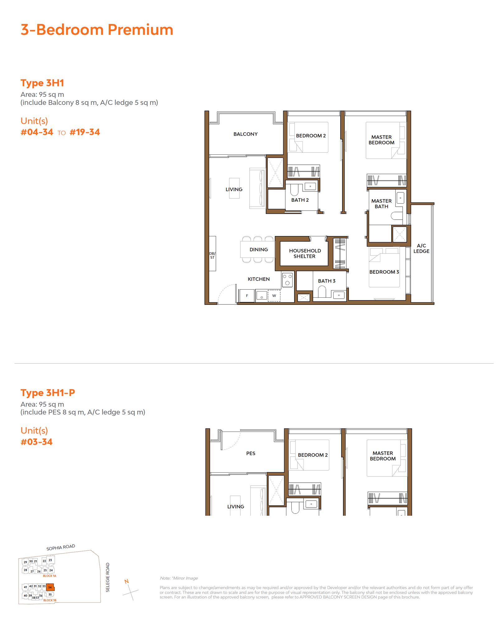 Floor plan, The Collective at One Sophia. Type 3H1, 95 sqm / 1,023 sq ft. Asking $2,832,000.