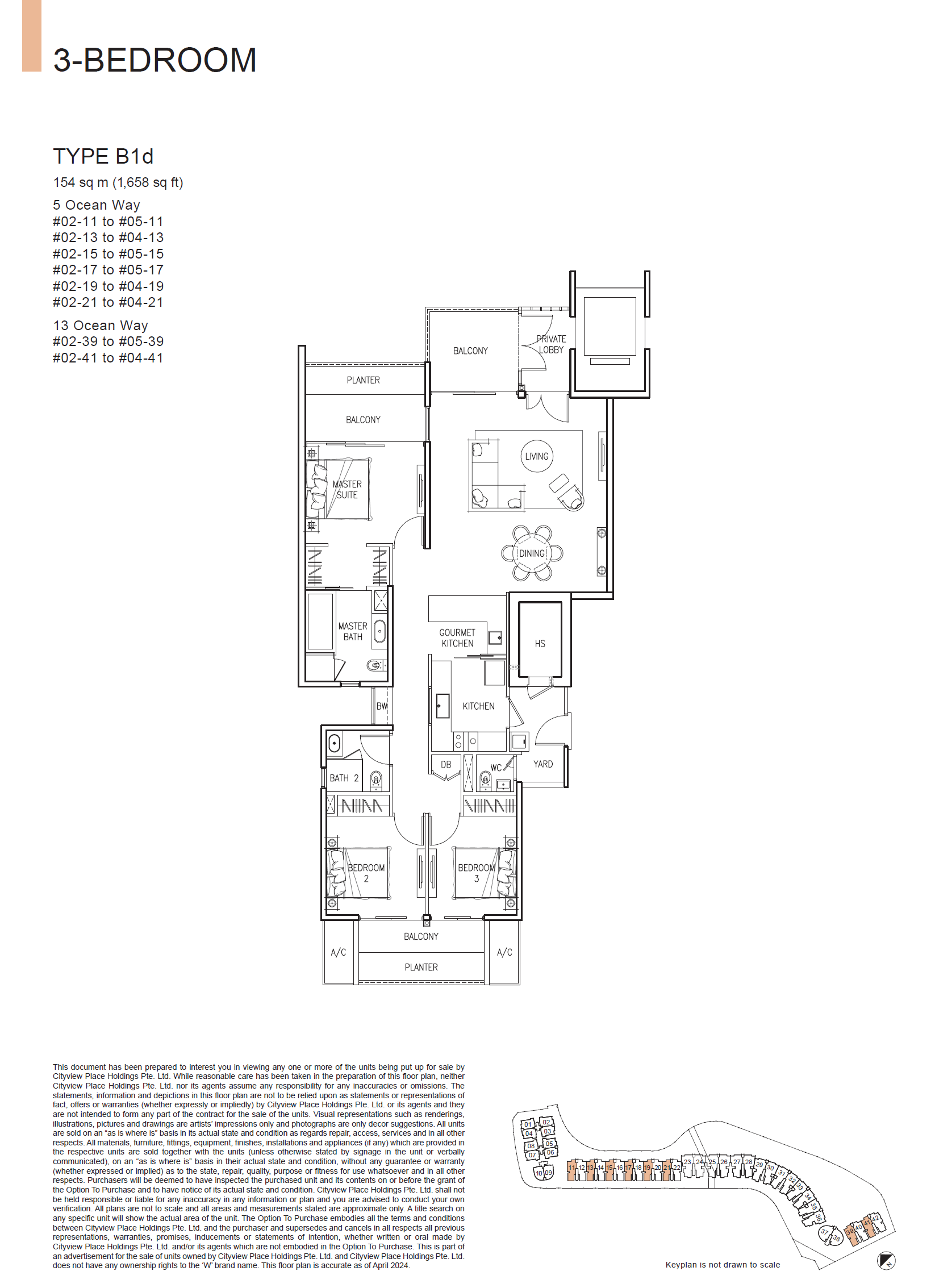 Floor plan, The Residences at W Singapore Sentosa Cove. Type B1d, 154 sqm / 1,658 sq ft. Unit #02-13 at $2,907,200.