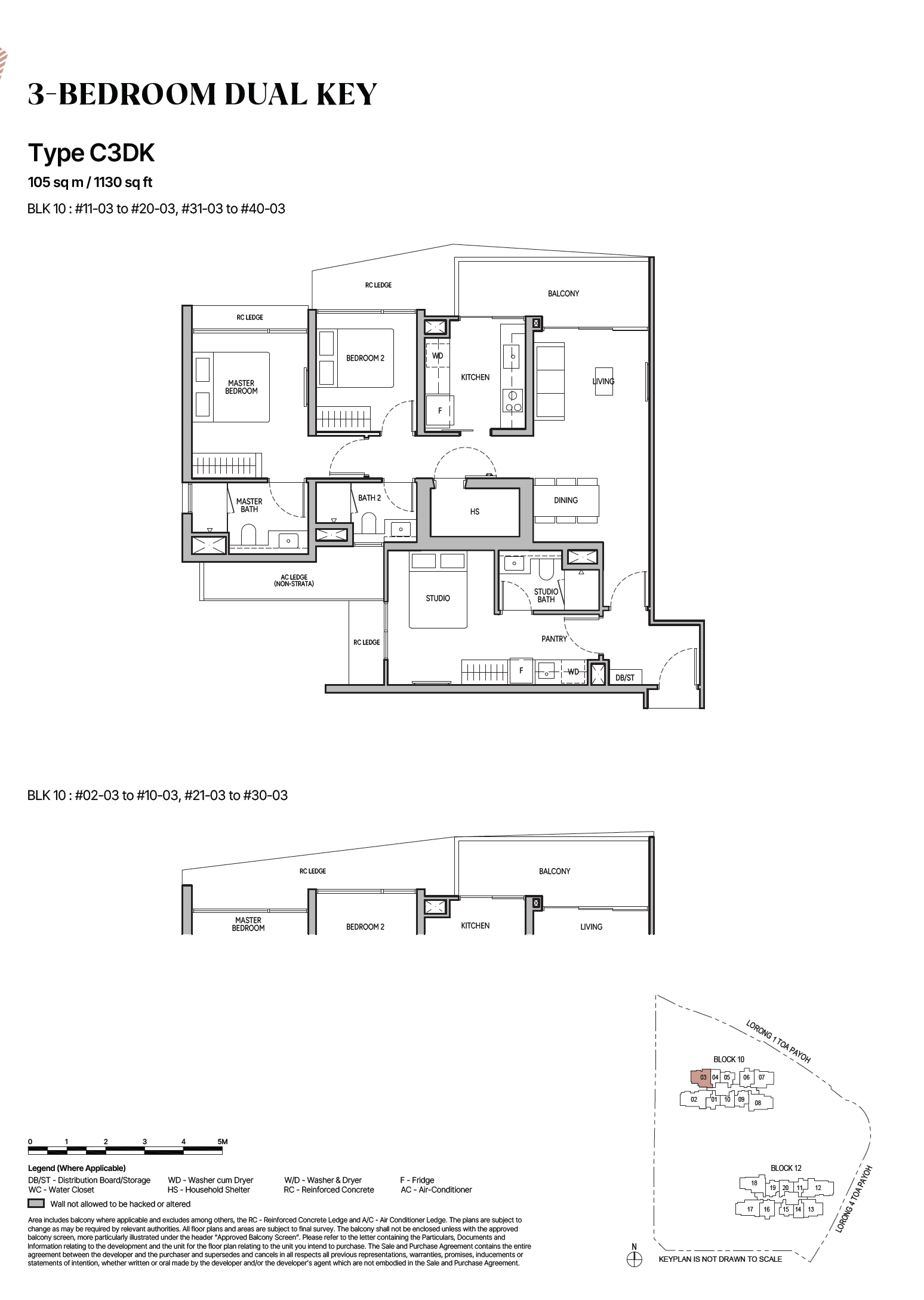 Floor plan, The Orie. Type C3DK, 105 sqm / 1,130 sq ft. Asking $3,024,000.