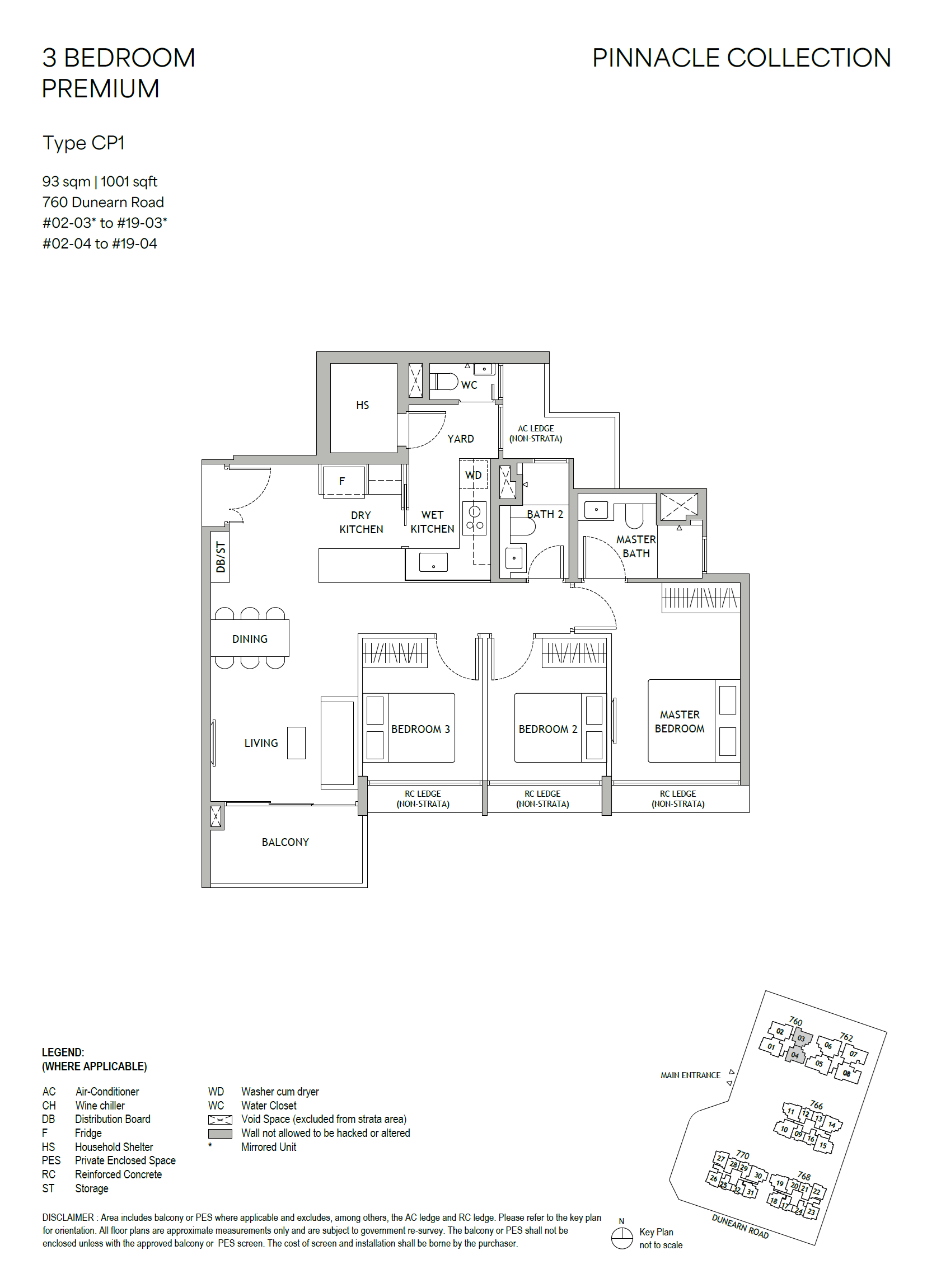 Floor plan, Dunearn House. Type CP1, 93 sqm / 1,001 sq ft. Asking $3,089,000.