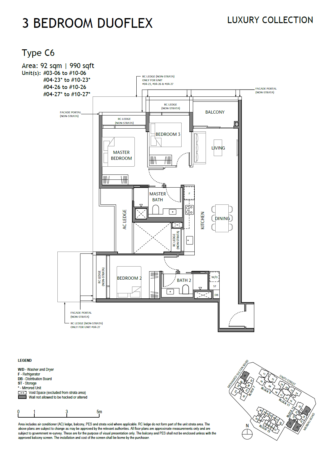 Floor plan, The Robertson Opus. Type C6, 990 sq ft. Unit #04-23 at $3,213,000.