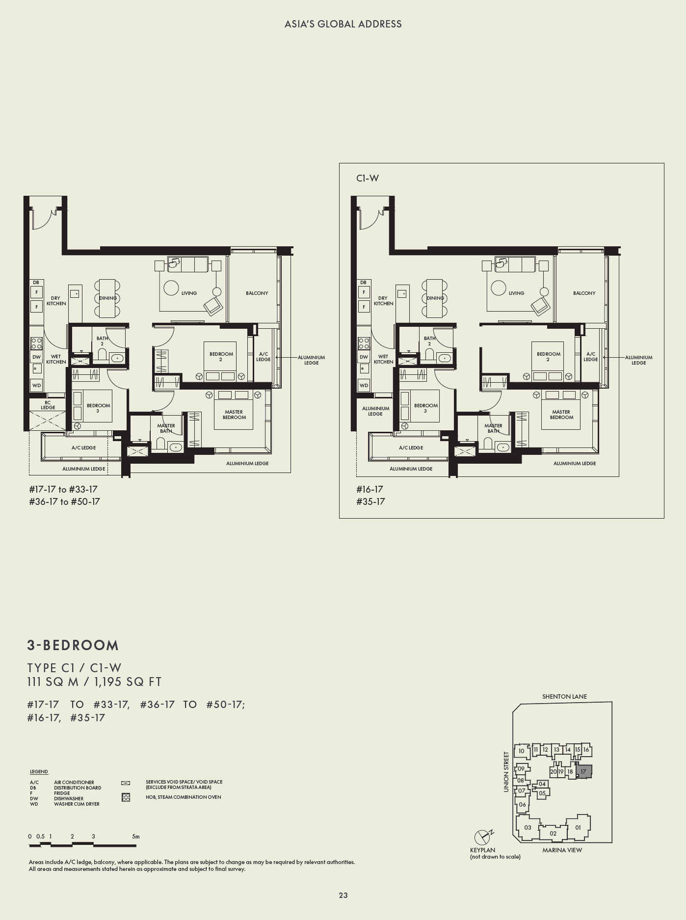 Floor plan, W Residences Marina View. Type C1, 1,195 sq ft. Unit #17-17 at $3,466,000.