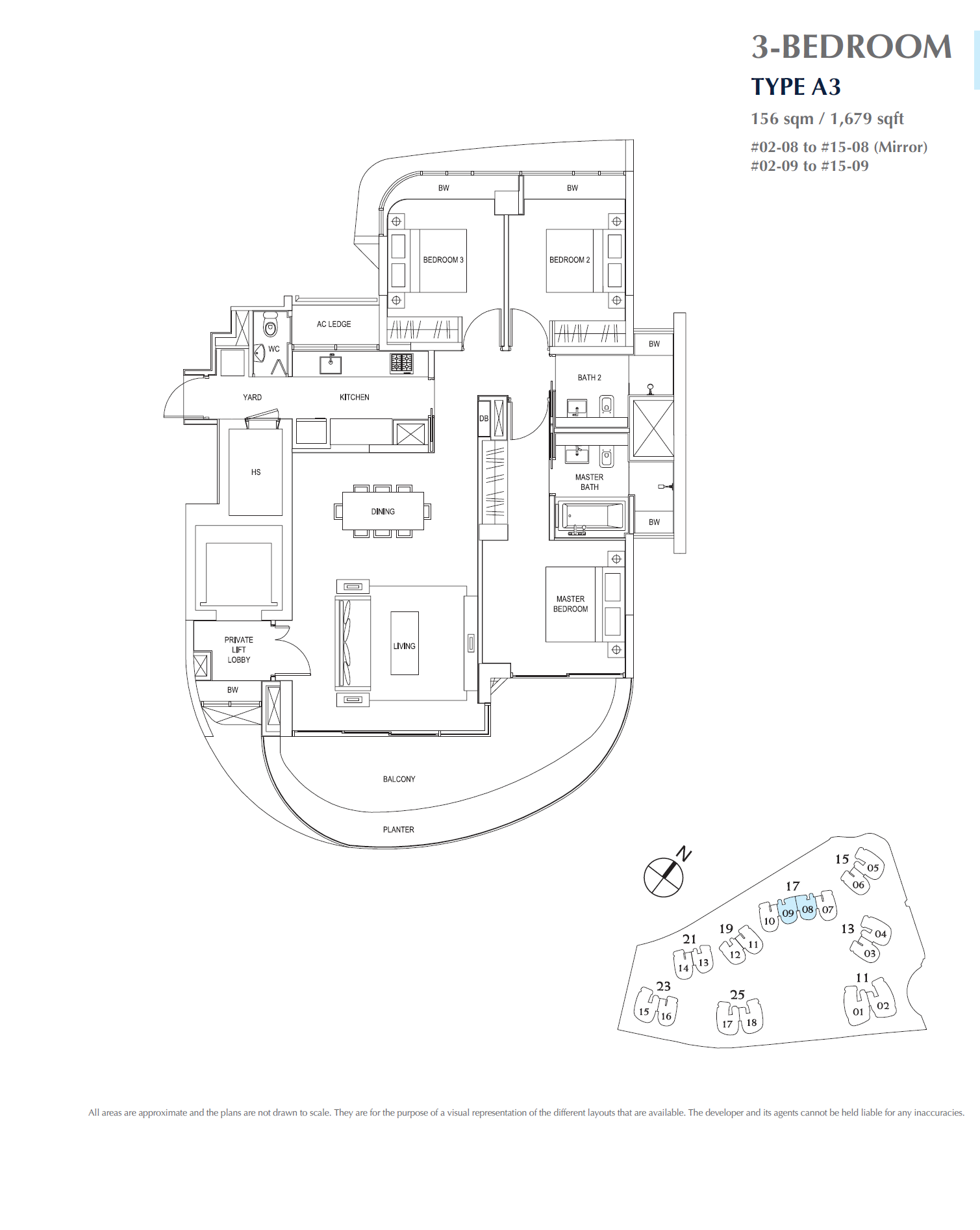 Floor plan, Cape Royale. Type A3, 156 sqm / 1,679 sq ft. Units #02-08 and #02-09 at $3,520,000.