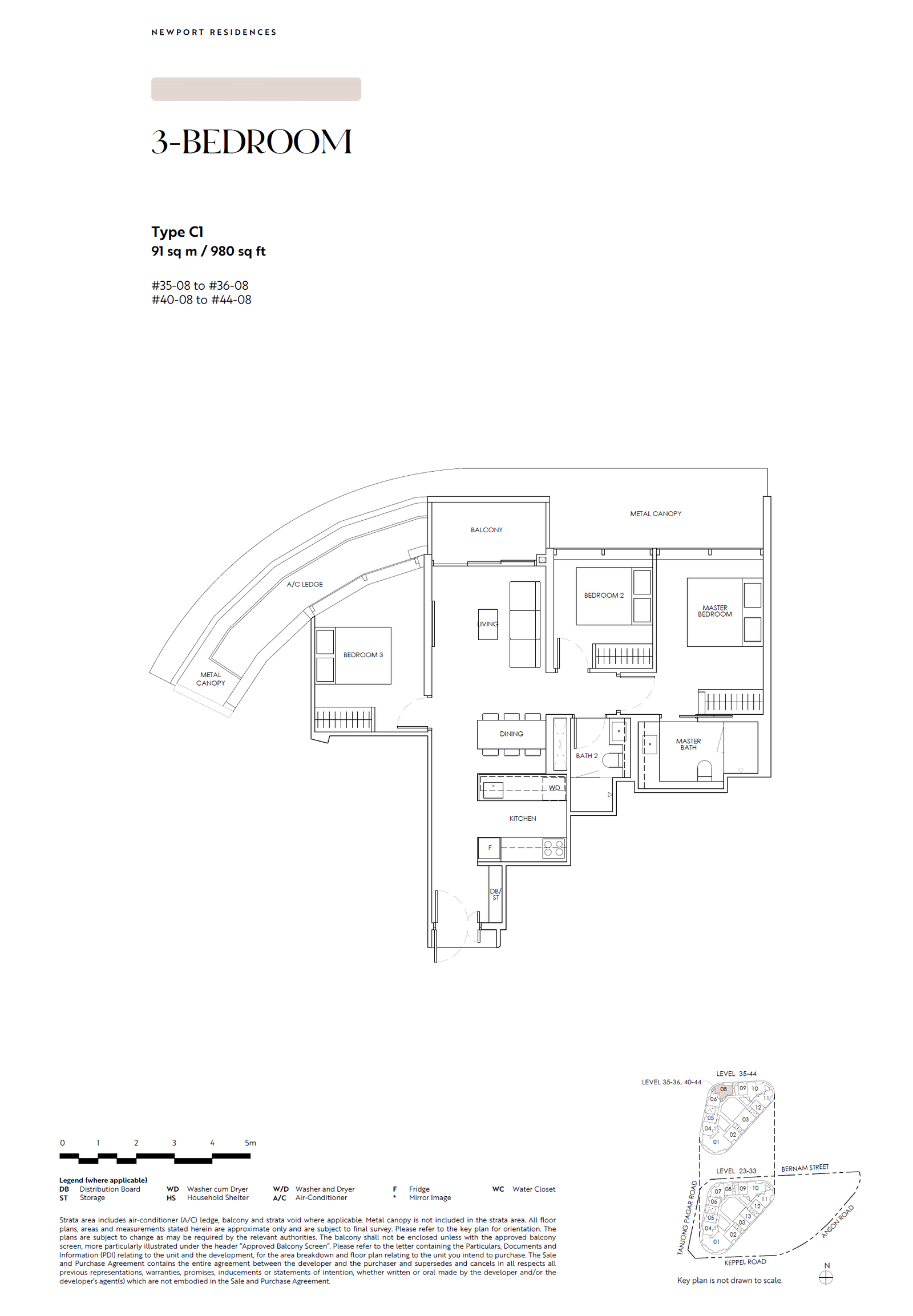 Floor plan, Newport Residences. Type C1, 980 sq ft. Unit #42-08 at $3,548,000.