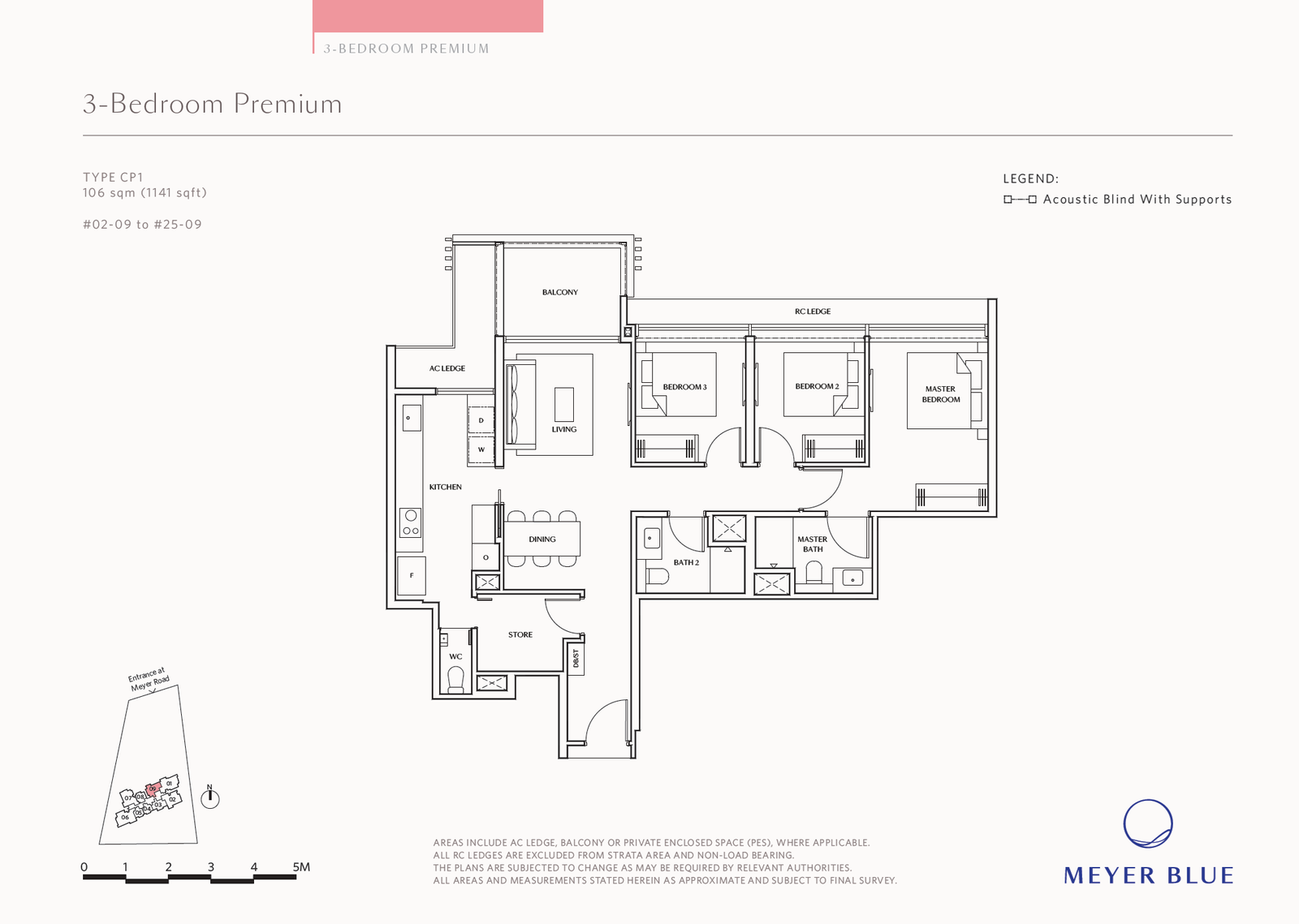 Floor plan, Meyer Blue. Type CP1, 1,141 sq ft. Unit #02-09 at $3,551,000.