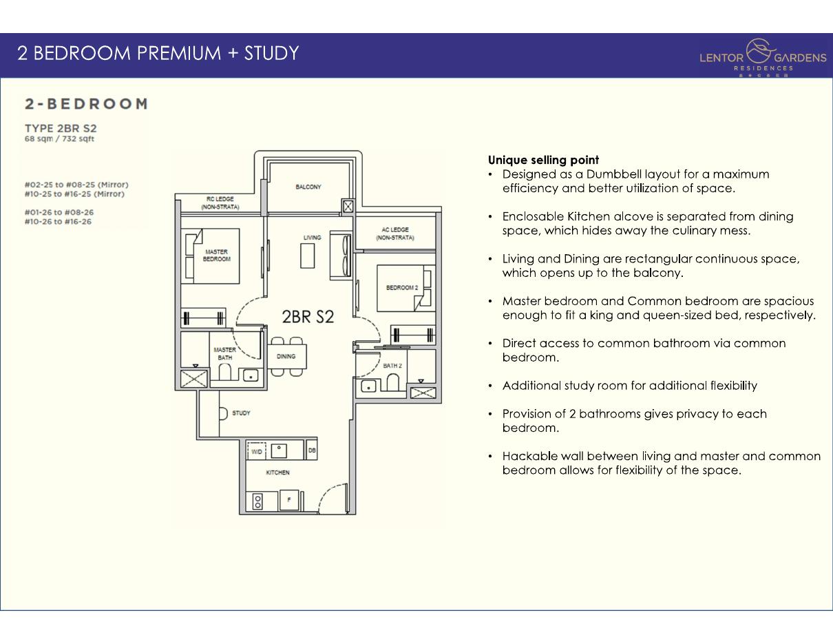 Lentor Gardens Residences floor plan — 2BR S2, 732 sqft