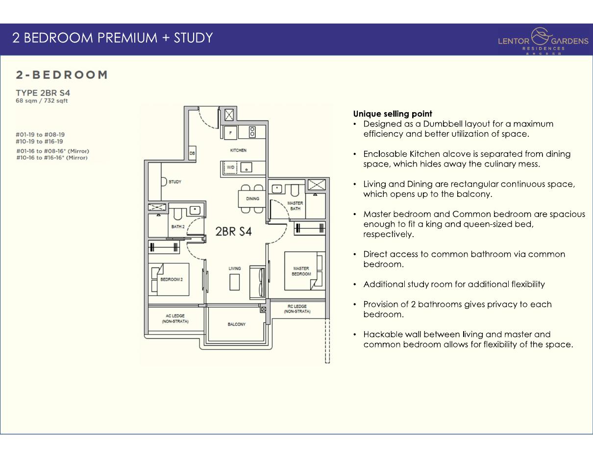 Lentor Gardens Residences floor plan — 2BR S4, 732 sqft