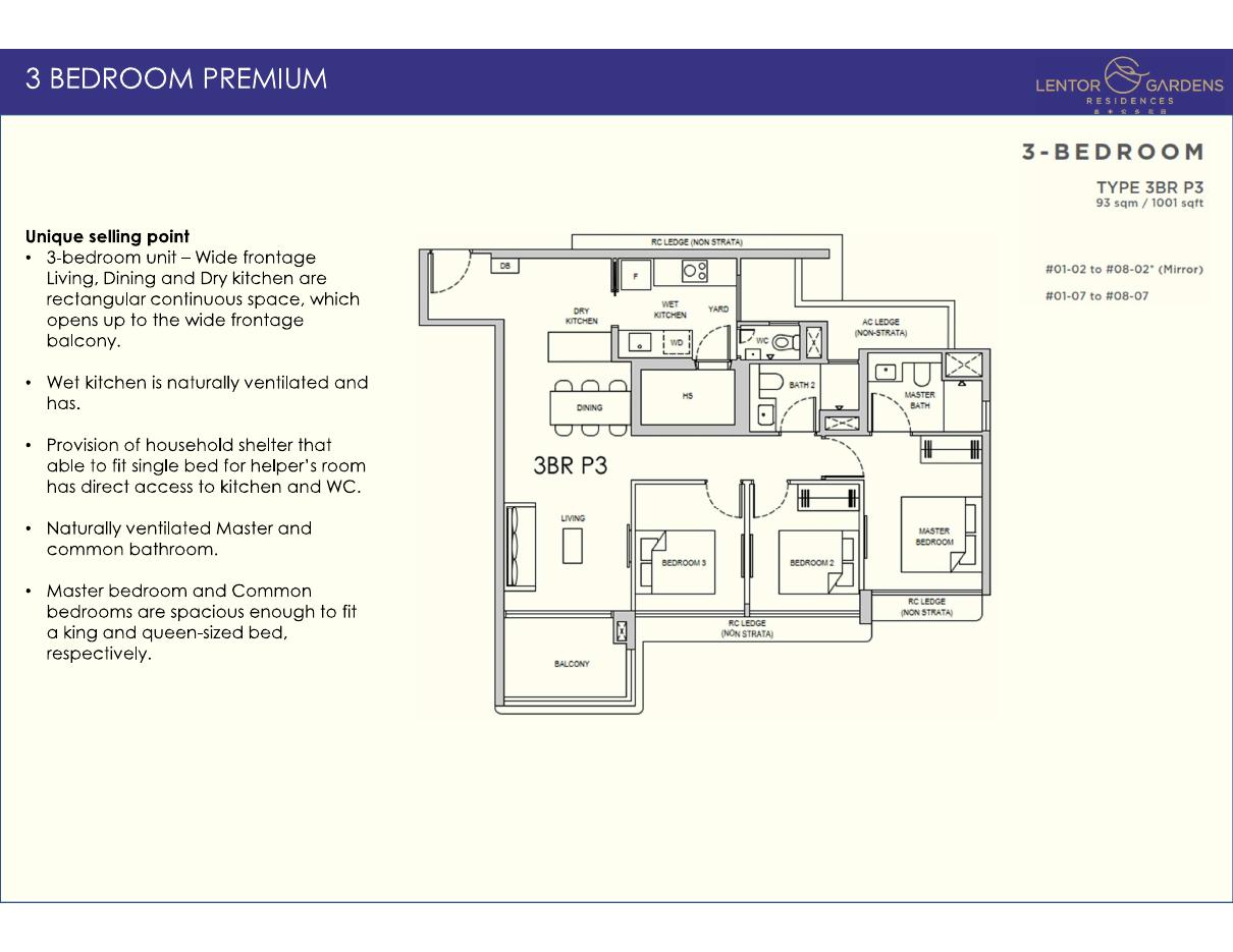 Lentor Gardens Residences floor plan — 3BR P3(HS), 1001 sqft