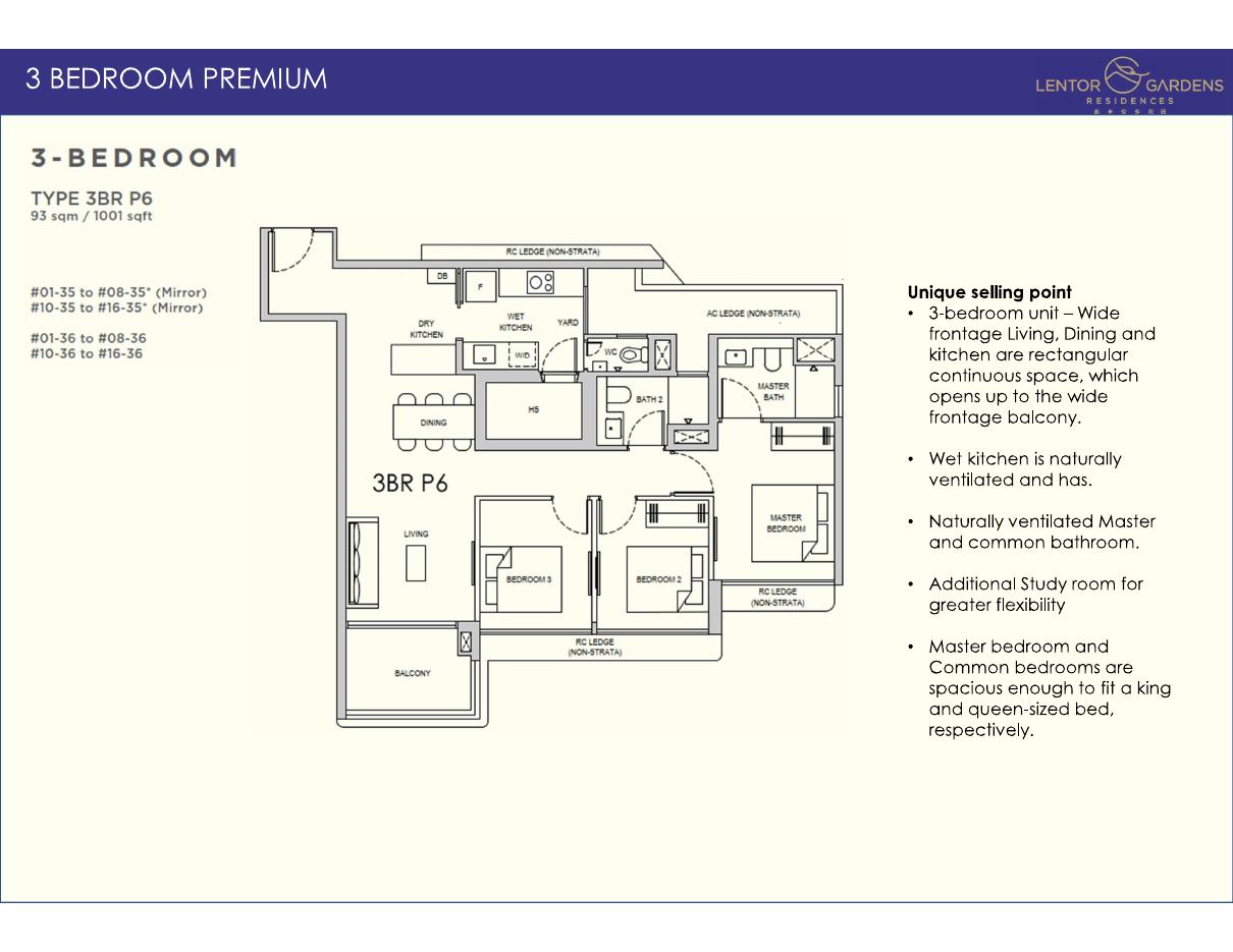 Lentor Gardens Residences floor plan — 3BR P6(HS), 1001 sqft